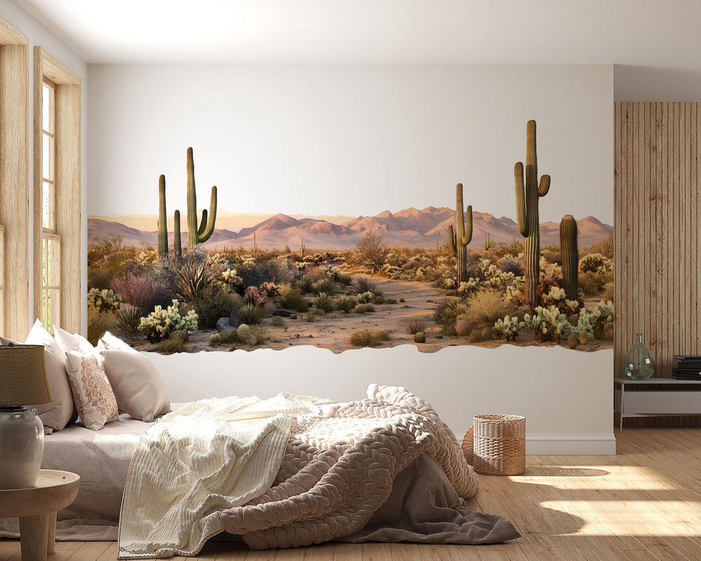 Desert Landscape Wall Decal, Southwest Cactus Mural, Arizona Desert Wall Art, Boho Desert Sticker, Airbnb Desert Decor, Saguaro Wall Mural