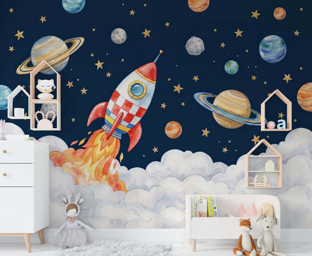 Space Rocket Kids Wall Mural - Whimsical Planet Stars Nursery - Boys Room Adventure Wallpaper - Navy Blue Outer Space Bedroom Decor 1164RS