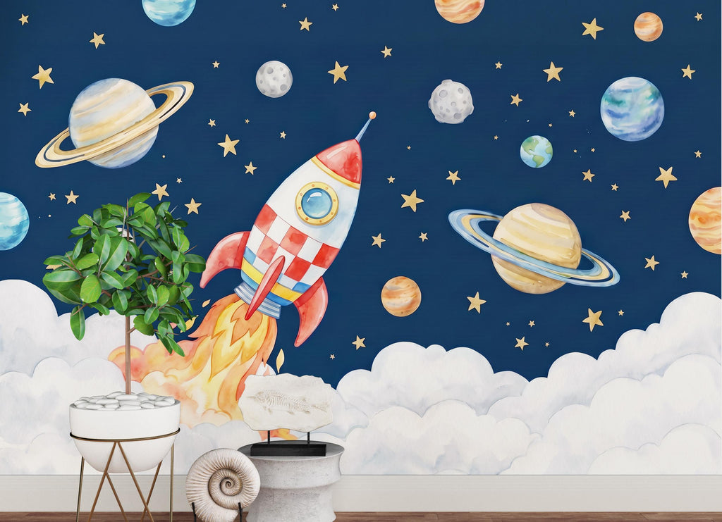 Space Rocket Kids Wall Mural - Whimsical Planet Stars Nursery - Boys Room Adventure Wallpaper - Navy Blue Outer Space Bedroom Decor 1164RS