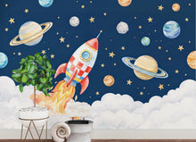 Load image into Gallery viewer, Space Rocket Kids Wall Mural - Whimsical Planet Stars Nursery - Boys Room Adventure Wallpaper - Navy Blue Outer Space Bedroom Decor 1164RS
