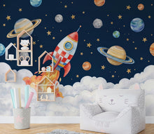 Load image into Gallery viewer, Space Rocket Kids Wall Mural - Whimsical Planet Stars Nursery - Boys Room Adventure Wallpaper - Navy Blue Outer Space Bedroom Decor 1164RS