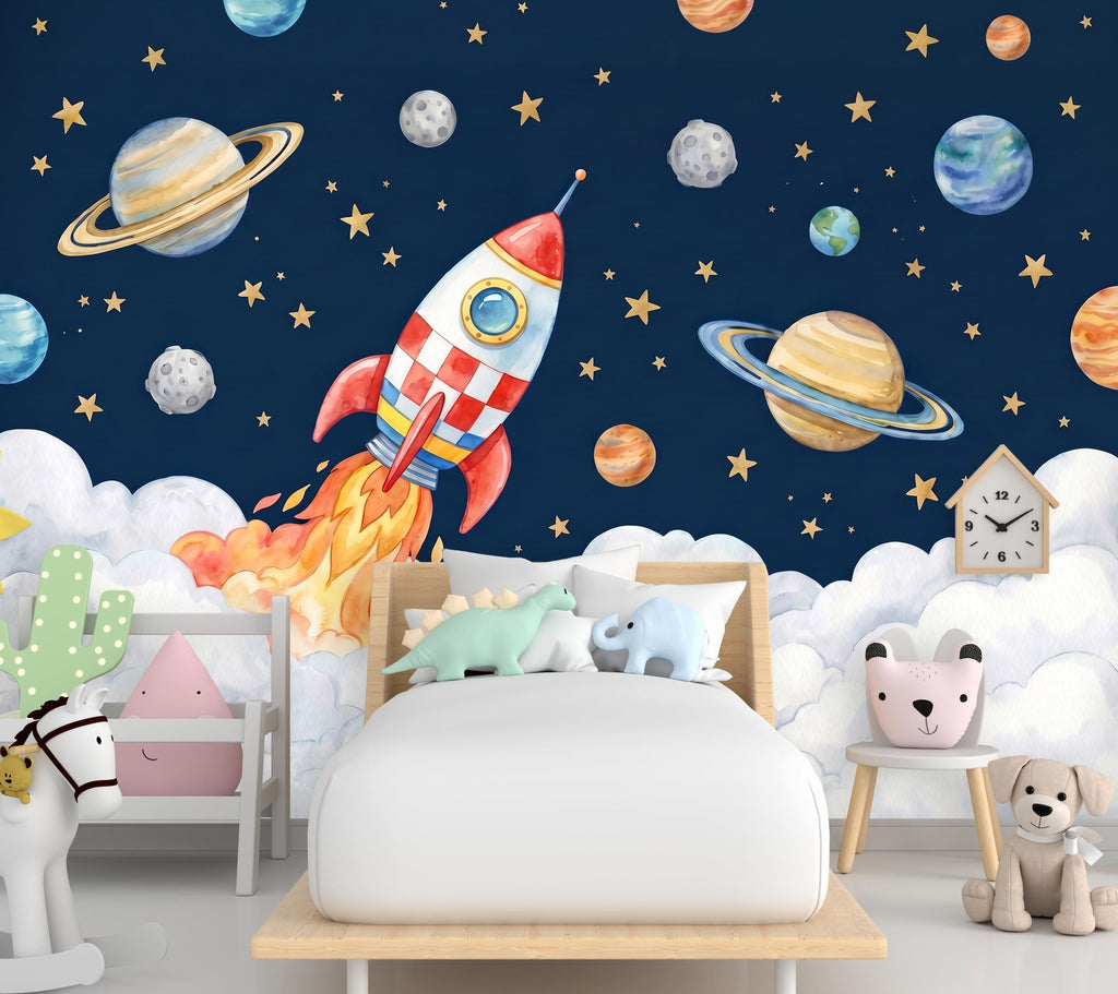Space Rocket Kids Wall Mural - Whimsical Planet Stars Nursery - Boys Room Adventure Wallpaper - Navy Blue Outer Space Bedroom Decor 1164RS