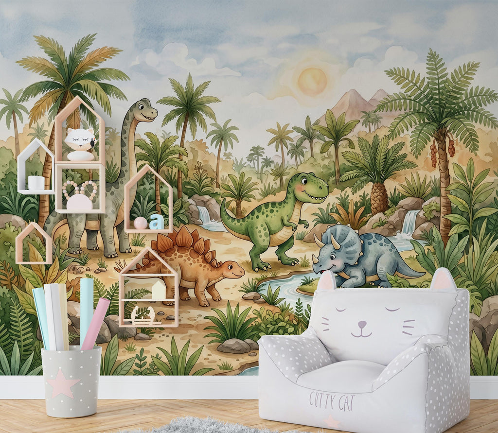Cute Dinosaur Jungle Wall Mural Wallpaper for Kids Room | Watercolor Dino Nursery Wallpaper | Peel and Stick or Non-Woven 1166RS