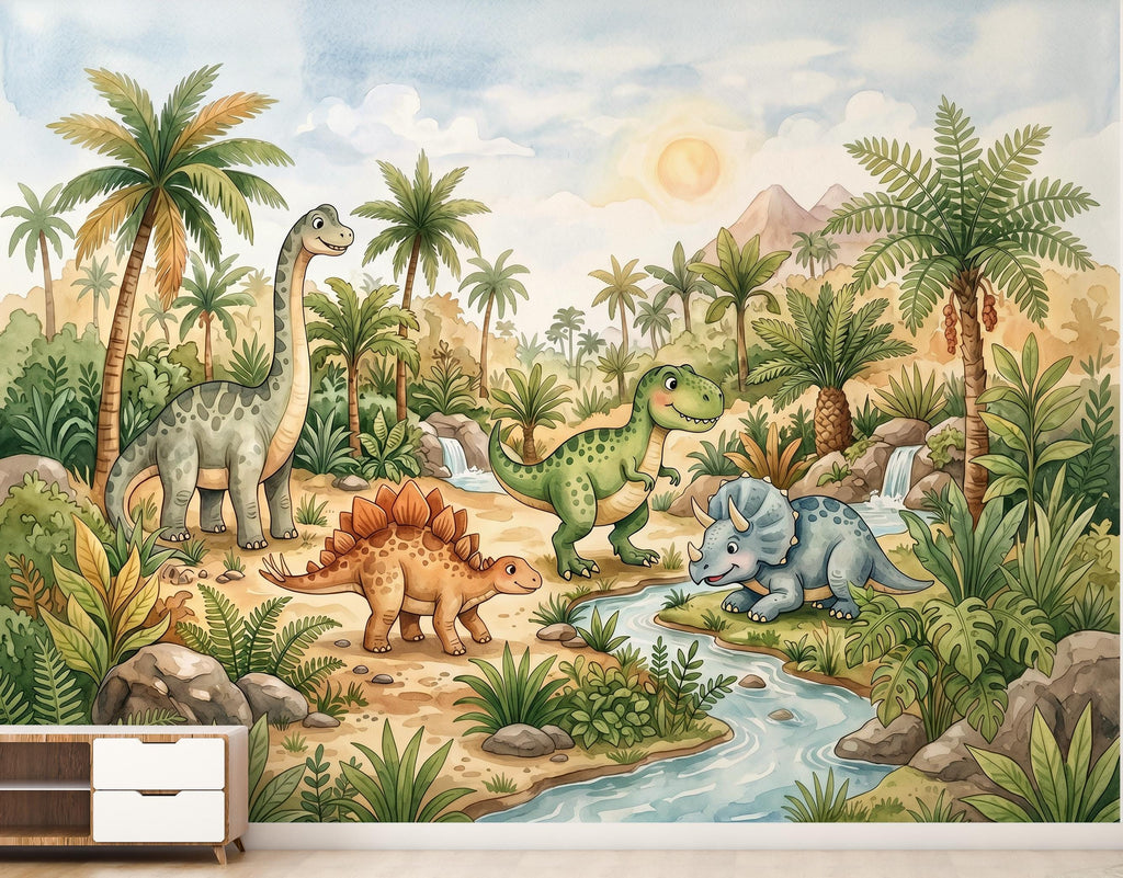 Cute Dinosaur Jungle Wall Mural Wallpaper for Kids Room | Watercolor Dino Nursery Wallpaper | Peel and Stick or Non-Woven 1166RS