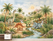 Load image into Gallery viewer, Cute Dinosaur Jungle Wall Mural Wallpaper for Kids Room | Watercolor Dino Nursery Wallpaper | Peel and Stick or Non-Woven 1166RS