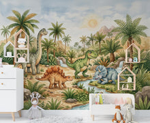 Load image into Gallery viewer, Cute Dinosaur Jungle Wall Mural Wallpaper for Kids Room | Watercolor Dino Nursery Wallpaper | Peel and Stick or Non-Woven 1166RS