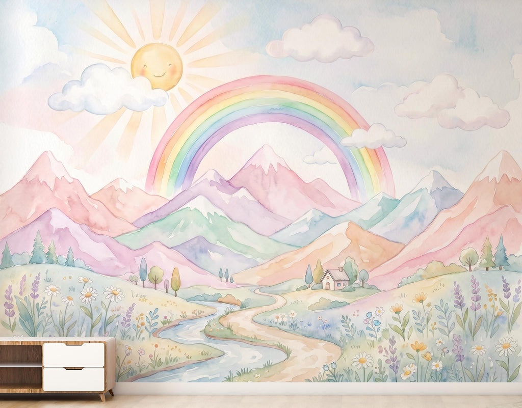 Pastel Rainbow Mountain Wall Mural Wallpaper for Girls Room | Watercolor Nursery Wallpaper | Peel and Stick or Non-Woven 1165RS