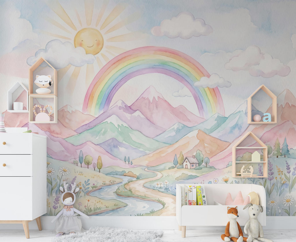 Pastel Rainbow Mountain Wall Mural Wallpaper for Girls Room | Watercolor Nursery Wallpaper | Peel and Stick or Non-Woven 1165RS