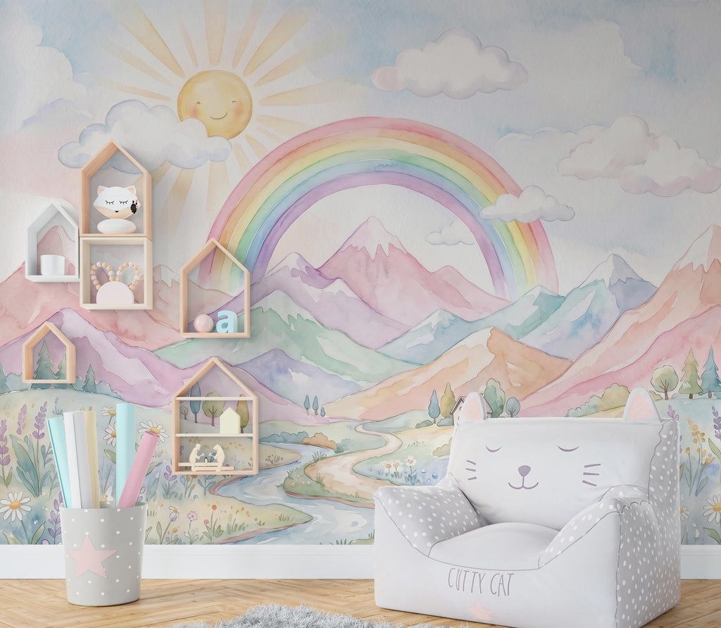 Pastel Rainbow Mountain Wall Mural Wallpaper for Girls Room | Watercolor Nursery Wallpaper | Peel and Stick or Non-Woven 1165RS