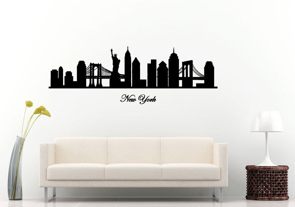 New York City Landmark Skyline View Tall Buildings Bridges Statue Of Liberty Wall Decal Vinyl Sticker Mural Room Decor L1031