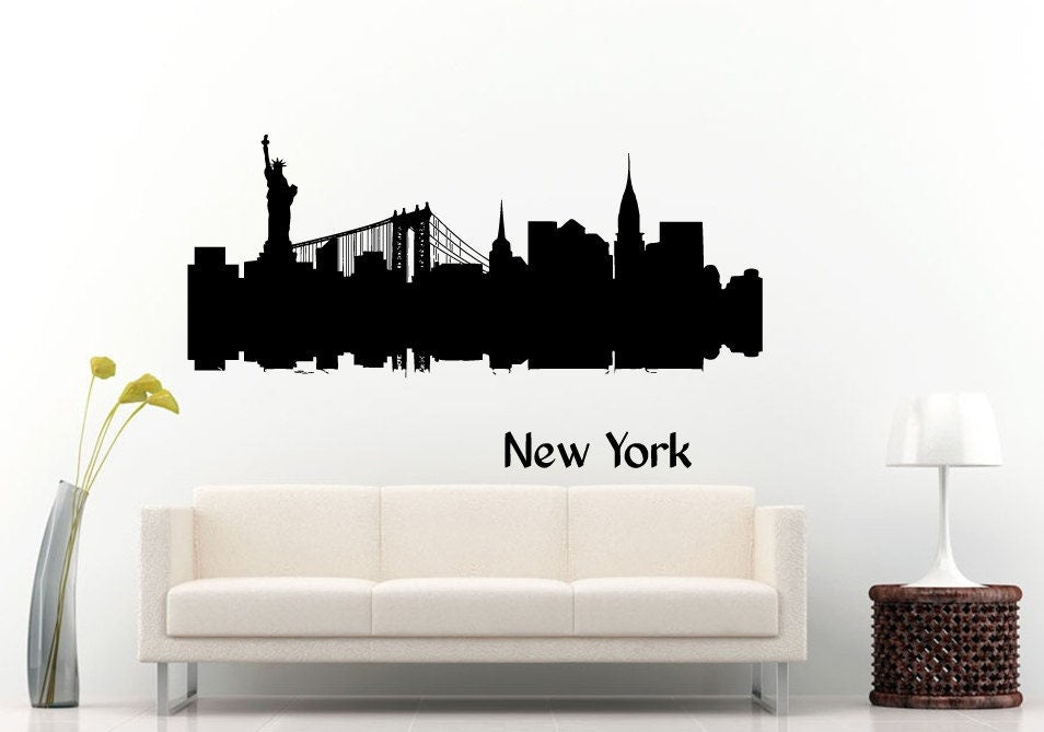 New York City Landmark Skyline View Tall Buildings Bridges Statue Of Liberty Wall Decal Vinyl Sticker Mural Room Decor L1032