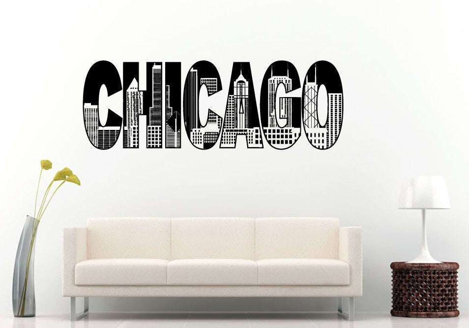 Chicago City Town United States Of America Landmark Skyline View Tall Buildings Bridges Wall Decal Vinyl Sticker Mural Room Decor L1035