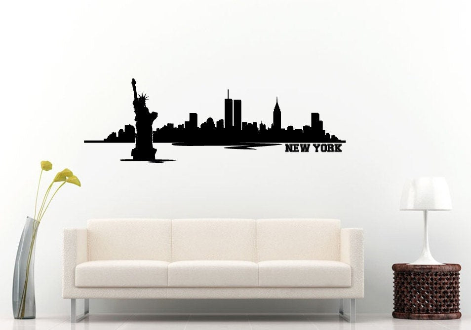 New York City Town United States Of America Landmark Skyline View Bridges Statue Of Liberty Wall Decal Vinyl Sticker Mural Room Decor L1036