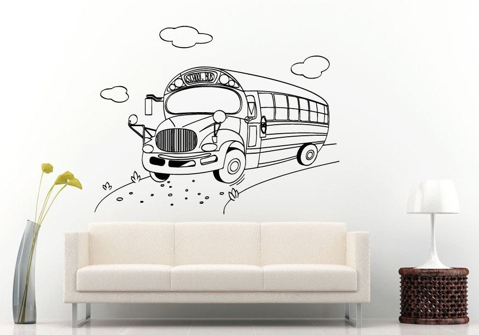 School Bus On The Road Clouds In The Sky Wall Decal Vinyl Sticker Mural Room Decor L1043