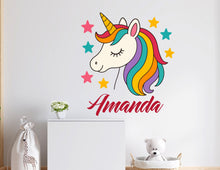 Load image into Gallery viewer, Personalized Unicorn Girls Name Wall Decal, Unicorn Rainbow &amp; Hearts Vinyl Decor for Babies Kids Girls Wall Custom Stickers 1170RS