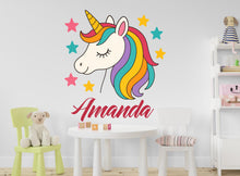 Load image into Gallery viewer, Personalized Unicorn Girls Name Wall Decal, Unicorn Rainbow &amp; Hearts Vinyl Decor for Babies Kids Girls Wall Custom Stickers 1170RS