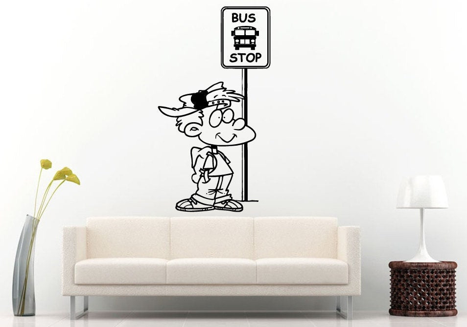 Kid Boy Pupil Student Standing Waiting At The Bus Stop Sign Pole Wall Decal Vinyl Sticker Mural Room Decor L1044