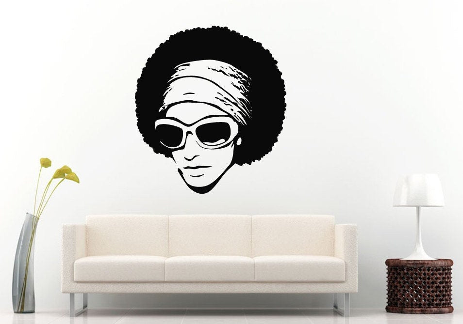 African American Woman Girl Lady With An Afro Hair Salon Style Hair Band Sun Glasses Swag Wall Decal Vinyl Sticker Mural Room Decor L1053