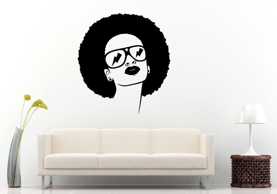 African American Woman Girl Lady With An Afro Hair Salon Style And Glasses Shades Swag Wall Decal Vinyl Sticker Mural Room Decor L1051