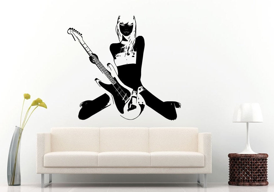 Beautiful Girl Woman With Electric Guitar Rock Music Wall Decal Vinyl Sticker Mural Room Decor L1058