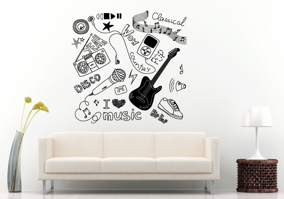 Teenager Music Theme Guitar Microphone Boombox Notes Wall Decal Vinyl Sticker Mural Room Decor L1057