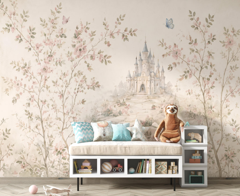 Luxury Fairytale Castle Wallpaper – Feminine Pastel Princess Wall Mural, Watercolor Medieval Castle, Blush & Cream