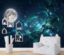 Load image into Gallery viewer, Blue Galaxy Wallpaper Mural with Moon | Teal Nebula Space Wall Mural | Peel and Stick Celestial Wallpaper for Bedroom Decor 1162RS