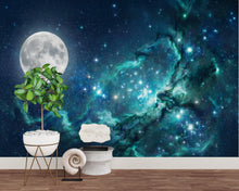 Load image into Gallery viewer, Blue Galaxy Wallpaper Mural with Moon | Teal Nebula Space Wall Mural | Peel and Stick Celestial Wallpaper for Bedroom Decor 1162RS