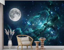 Load image into Gallery viewer, Blue Galaxy Wallpaper Mural with Moon | Teal Nebula Space Wall Mural | Peel and Stick Celestial Wallpaper for Bedroom Decor 1162RS