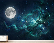 Load image into Gallery viewer, Blue Galaxy Wallpaper Mural with Moon | Teal Nebula Space Wall Mural | Peel and Stick Celestial Wallpaper for Bedroom Decor 1162RS