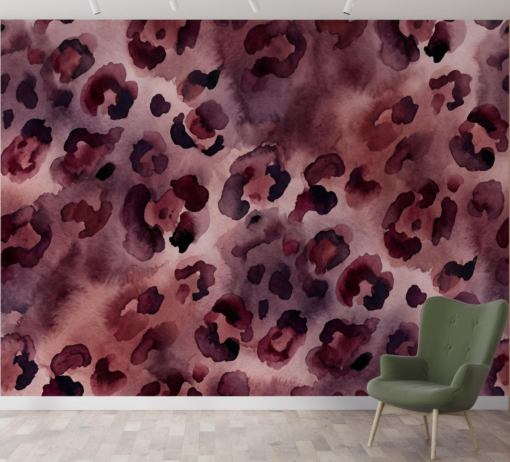 Watercolor Leopard Wallpaper, Mauve Burgundy Animal Wall Mural, Abstract Safari, Peel and Stick or Traditional Wallpaper 433DE