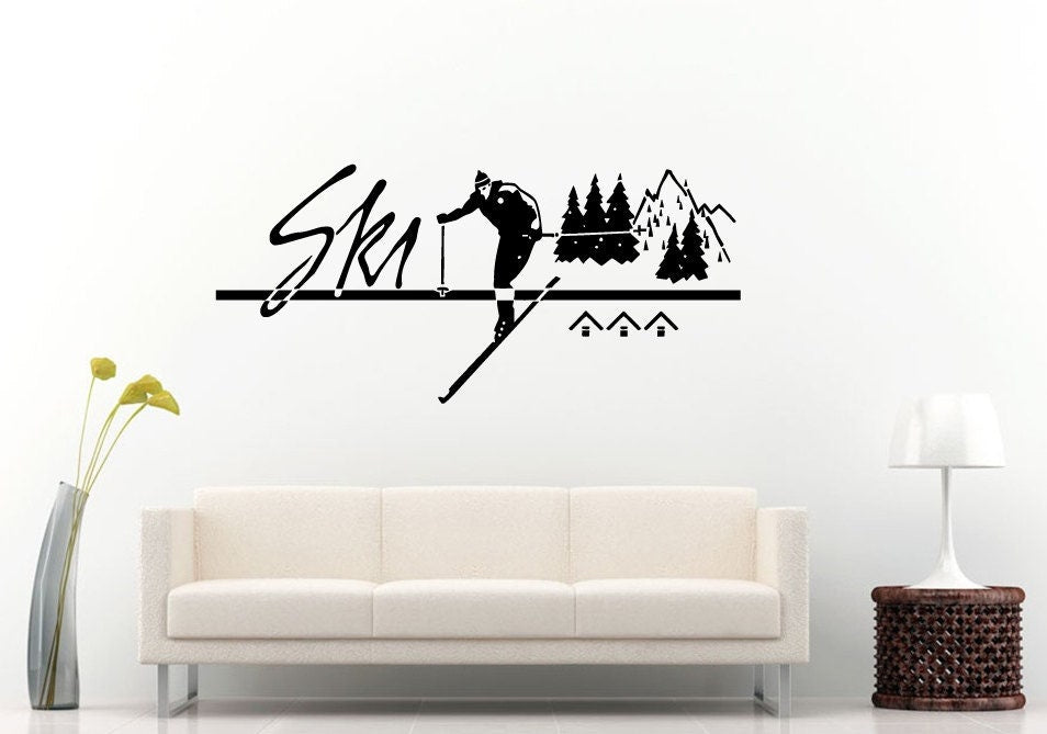 Ski Skiing People Sport Trick Stunt Winter Sport Logo Mountains Wall Decal Vinyl Sticker Mural Room Decor L1063