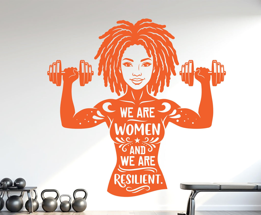 We are Women and we are Resilient Gym Wall Decal Afro Girl Power fitness Quote Decor Workout Art Vinyl Stickers Workout Girl Home gym 1177RS