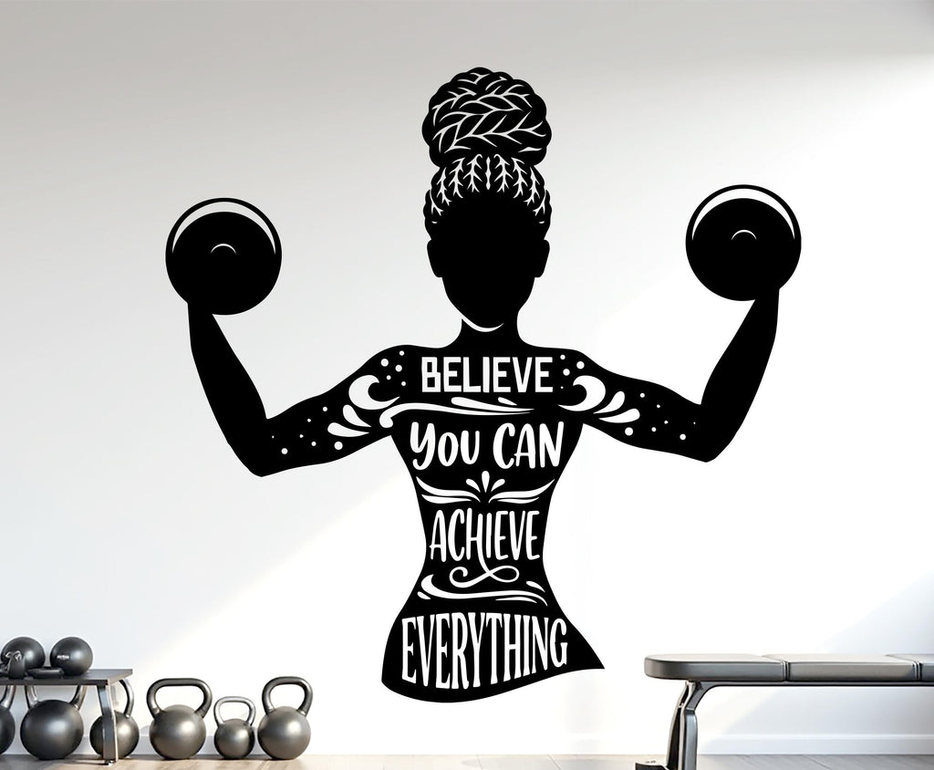 Believe you can Achieve Everything Gym Wall Decal Afro Girl Power fitness Quote Decor Vinyl Stickers Workout Girl Home gym 1179RS
