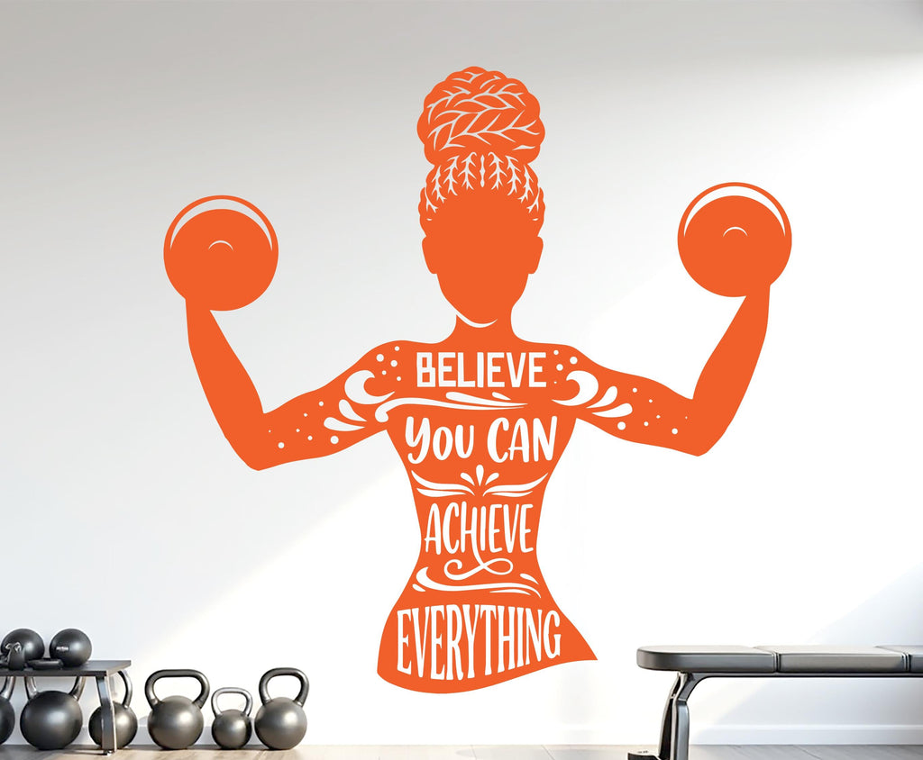 Believe you can Achieve Everything Gym Wall Decal Afro Girl Power fitness Quote Decor Vinyl Stickers Workout Girl Home gym 1179RS