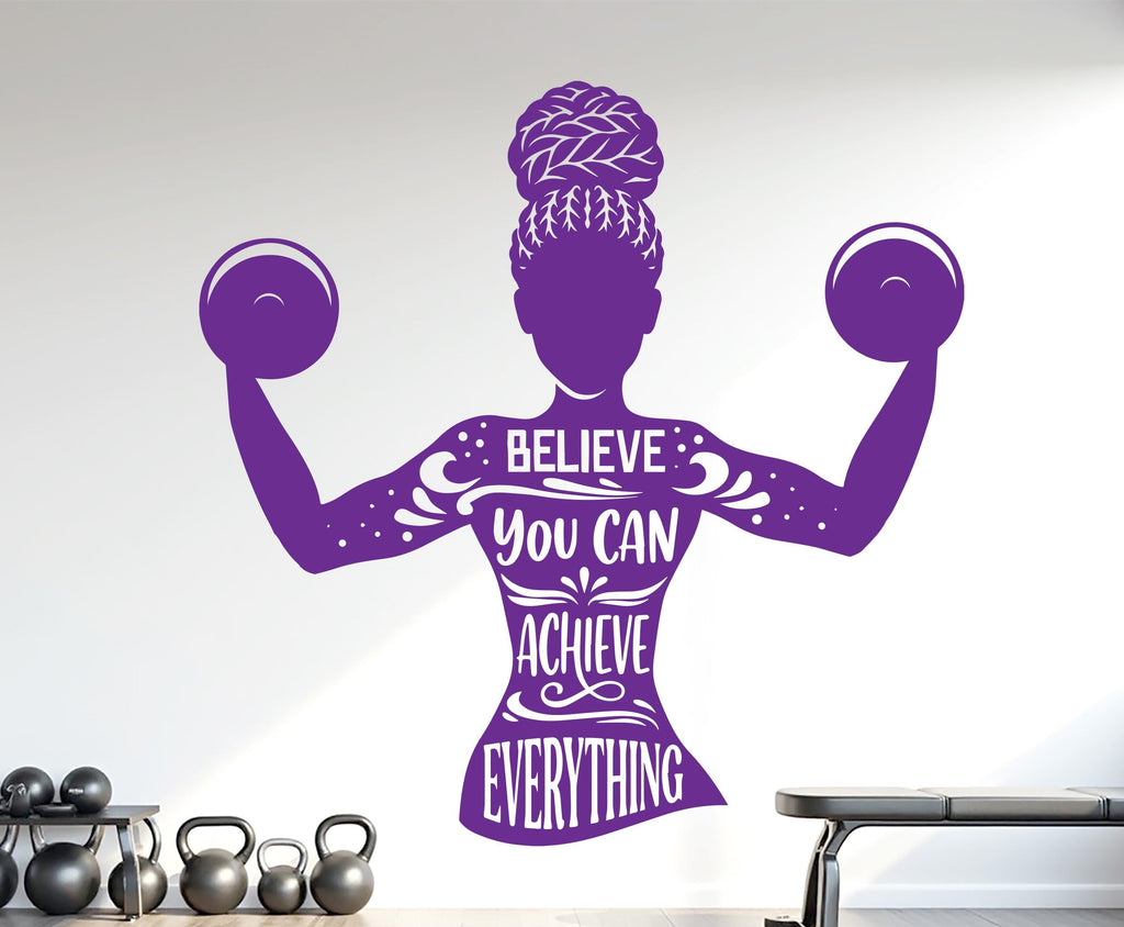 Believe you can Achieve Everything Gym Wall Decal Afro Girl Power fitness Quote Decor Vinyl Stickers Workout Girl Home gym 1179RS