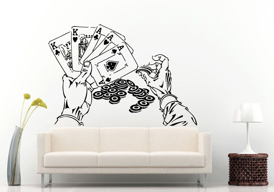Hand Poker Game Chips Gambling Card Game Casino Wall Decal Vinyl Sticker Mural Room Decor L1077
