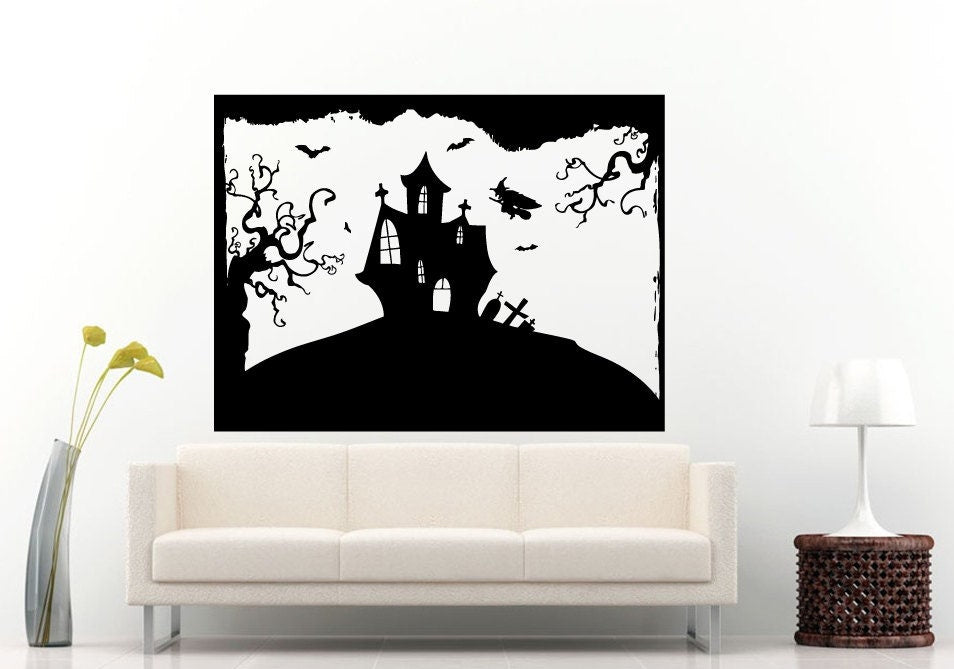 Halloween Holiday Old Mansion House Castle Witch Flying With Bats Old Scary Trees Woods Wall Decal Vinyl Sticker Mural Room Decor L1081