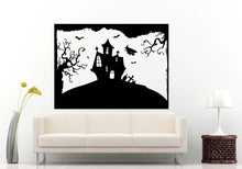 Load image into Gallery viewer, Halloween Holiday Old Mansion House Castle Witch Flying With Bats Old Scary Trees Woods Wall Decal Vinyl Sticker Mural Room Decor L1081