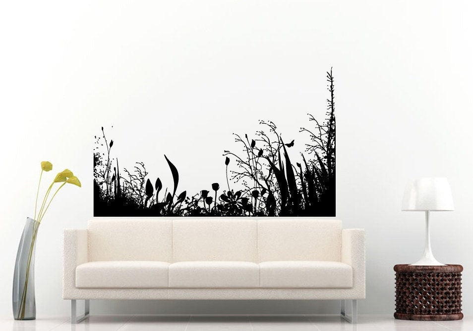 Grass Flower Floral Swirl Tree Branch Bush Leaf Leaves Nature Plant Tribal Arrangement Wall Decal Vinyl Sticker Mural Room Decor L1069