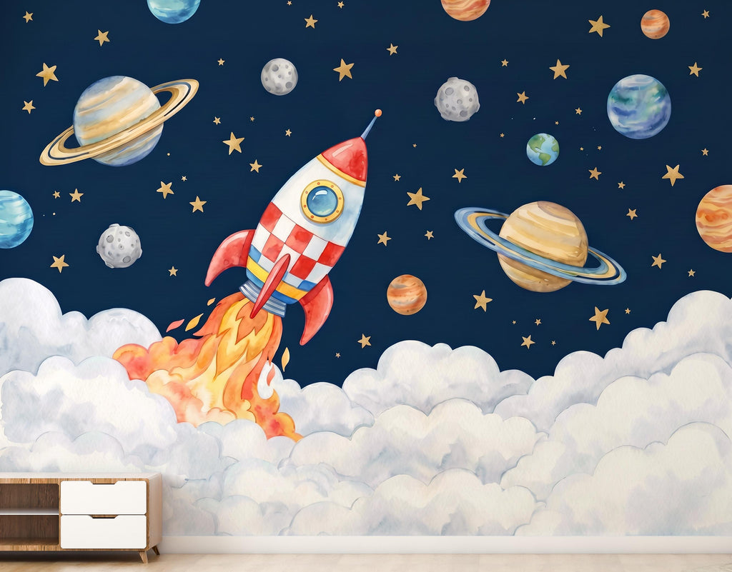 Space Rocket Kids Wall Mural - Whimsical Planet Stars Nursery - Boys Room Adventure Wallpaper - Navy Blue Outer Space Bedroom Decor 1164RS