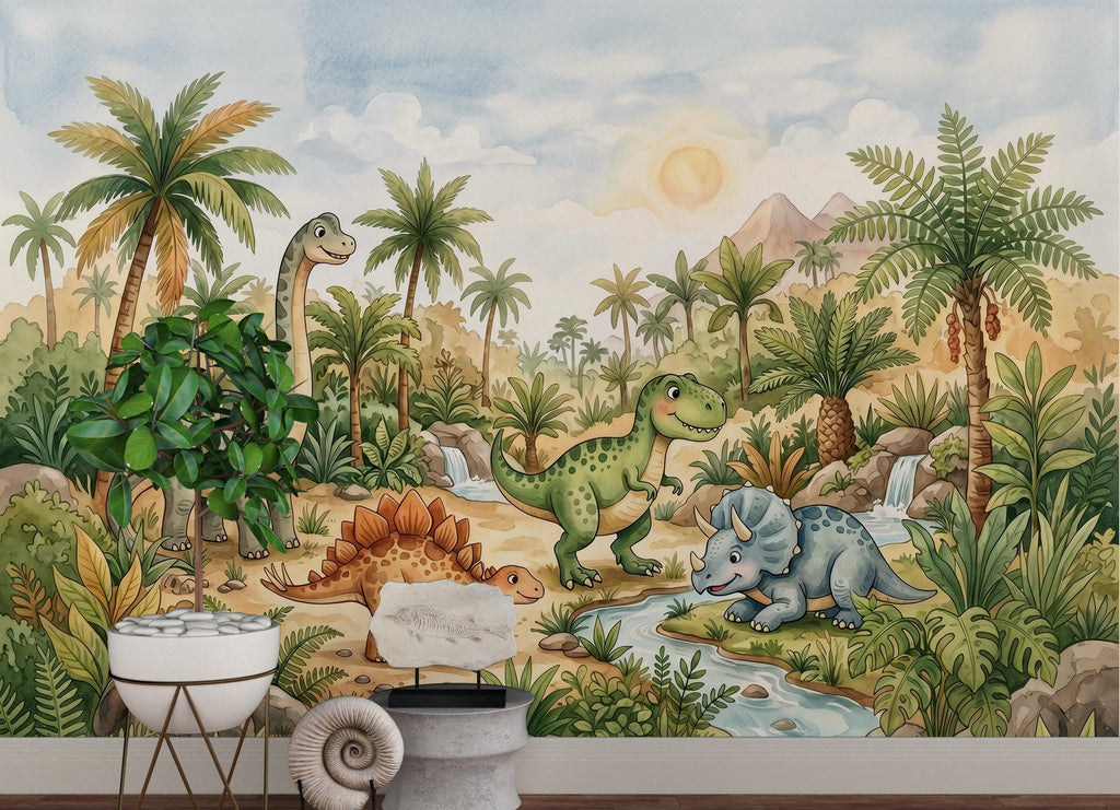 Cute Dinosaur Jungle Wall Mural Wallpaper for Kids Room | Watercolor Dino Nursery Wallpaper | Peel and Stick or Non-Woven 1166RS