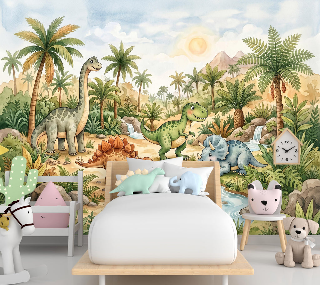 Cute Dinosaur Jungle Wall Mural Wallpaper for Kids Room | Watercolor Dino Nursery Wallpaper | Peel and Stick or Non-Woven 1166RS