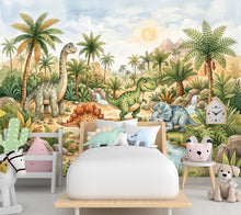 Load image into Gallery viewer, Cute Dinosaur Jungle Wall Mural Wallpaper for Kids Room | Watercolor Dino Nursery Wallpaper | Peel and Stick or Non-Woven 1166RS