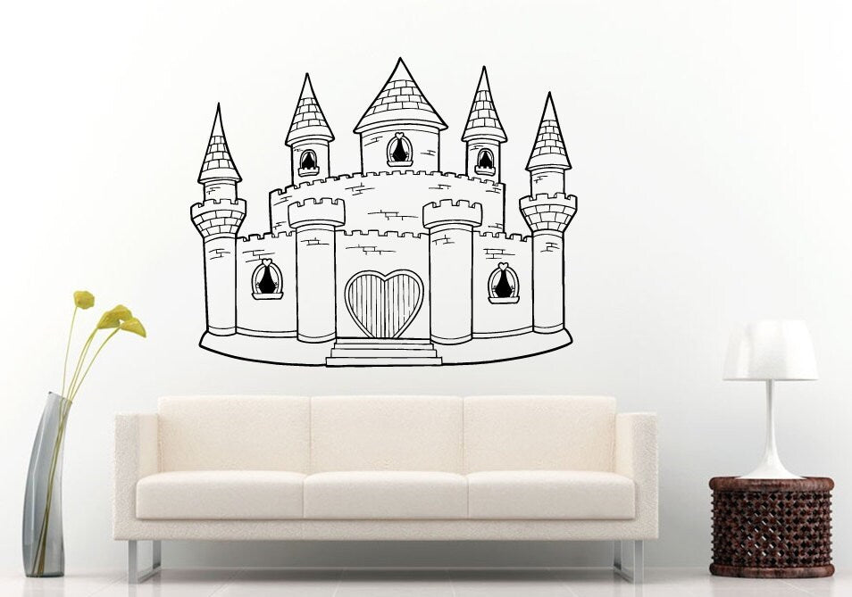 Princess Love Heart Cute Pretty Beautiful Castle Mansion Kids Children Toddler Baby Girls Wall Decal Vinyl Sticker Mural Room Decor L1083