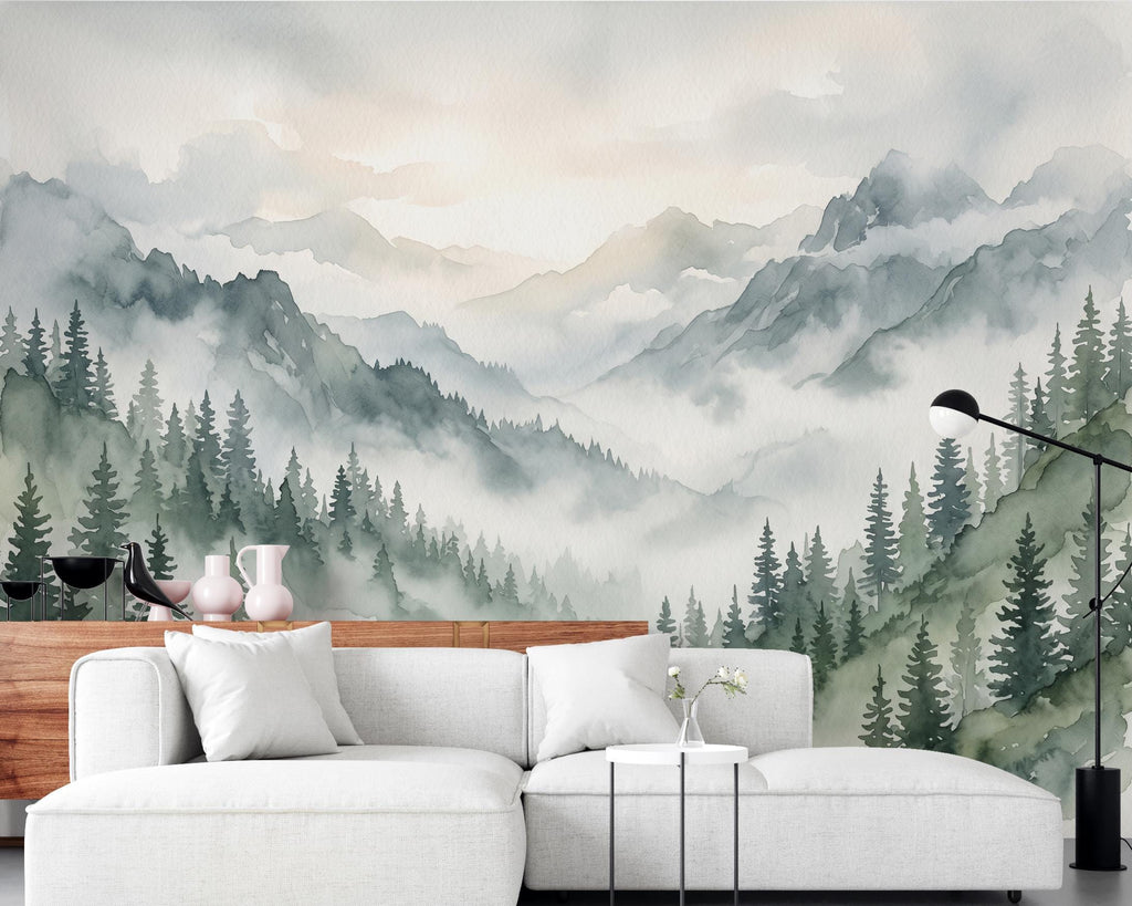 Panoramic Misty Forest Mountain Landscape Mural, Watercolor Pine Tree Wallpaper, Foggy Woodland Wall Mural, Sage Green Nature Decor 442DE