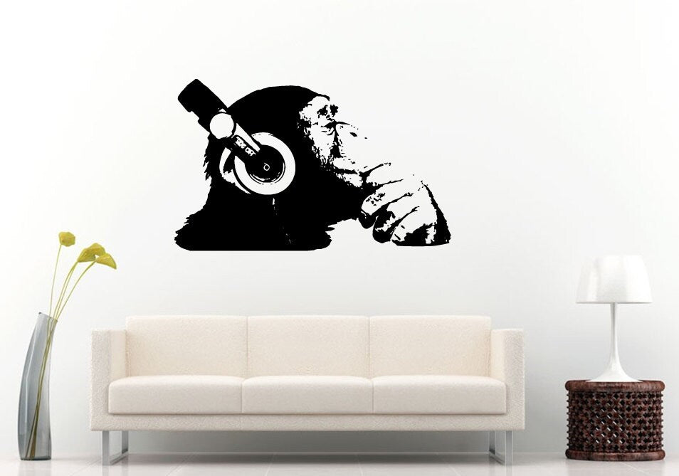 Monkey Chimpanzee Animal Music Headphones Dj Wall Decal Vinyl Sticker Mural Room Decor L1085
