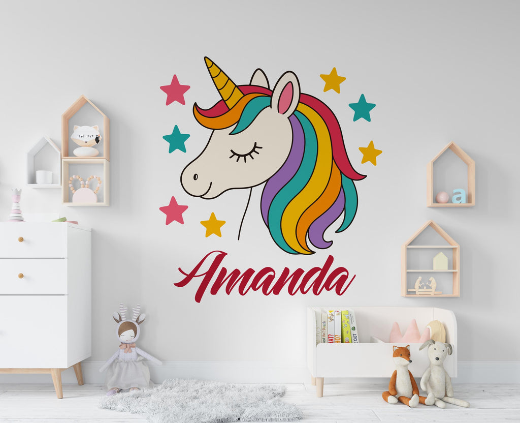 Personalized Unicorn Girls Name Wall Decal, Unicorn Rainbow & Hearts Vinyl Decor for Babies Kids Girls Wall Custom Stickers 1170RS