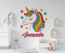 Load image into Gallery viewer, Personalized Unicorn Girls Name Wall Decal, Unicorn Rainbow &amp; Hearts Vinyl Decor for Babies Kids Girls Wall Custom Stickers 1170RS