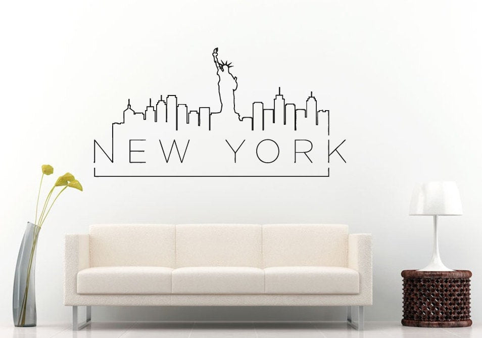 New York City Statue Of Liberty Manhattan Skyline Outline View Wall Decal Vinyl Sticker Mural Room Decor L1091